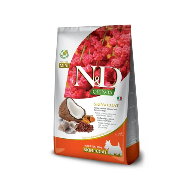 N&D Quinoa Dog Skin & Coat Herring & Coconut Adult Mini 2,5 Kg köpek maması, deri ve tüy sağlığı için