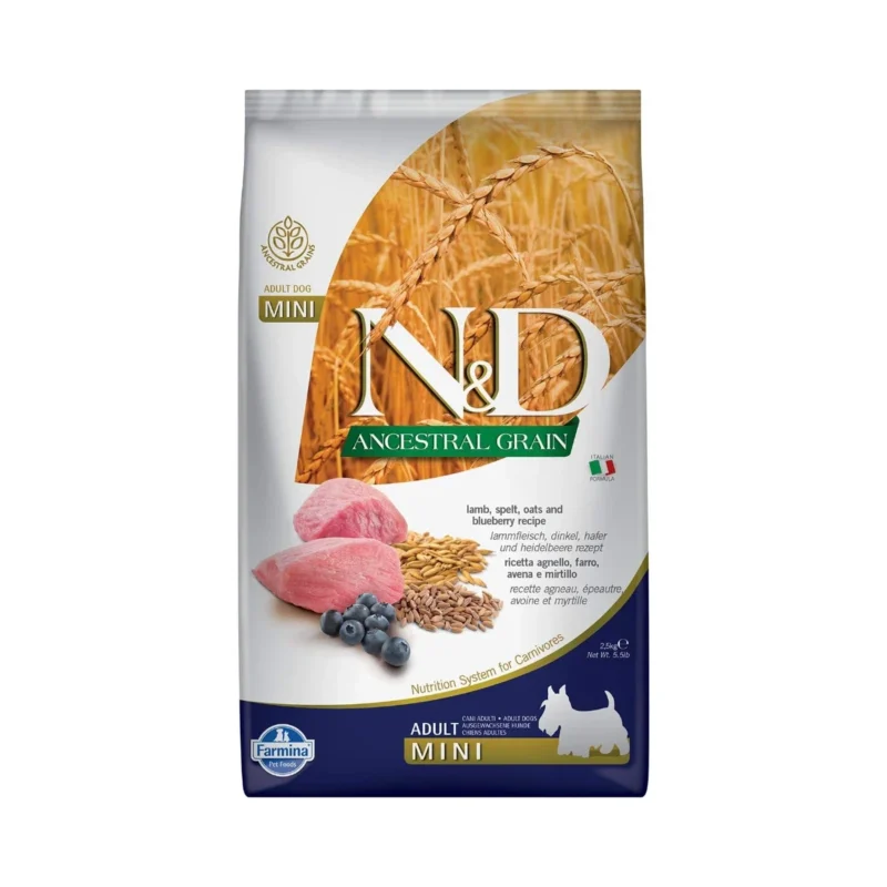 N&D Ancestral Grain Kuzu, Yazılık Buğday, Yulaf ve Yaban Mersini ile Mini Irk Yetişkin Köpek Maması 2,5 Kg