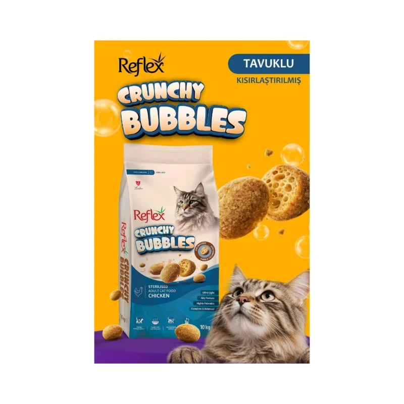 Reflex Crunchy Bubbles kısırlaştırılmış kedi maması tavuklu 10 kg ambalaj yakın çekim görsel