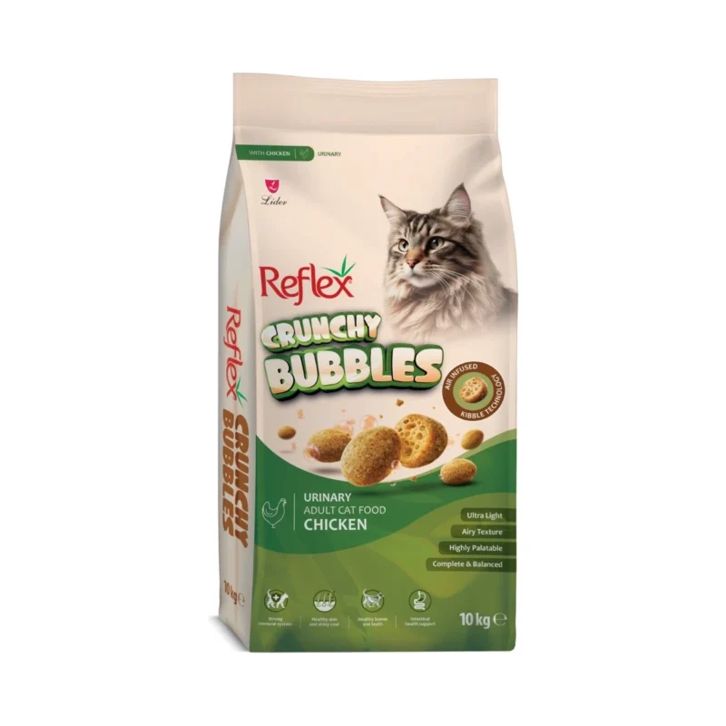 Reflex Crunchy Bubbles Urinary tavuklu yetişkin kedi maması 10 kg, idrar yolu sağlığını destekler.