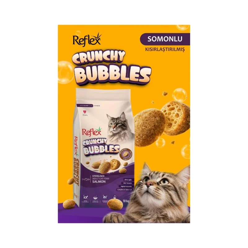 Reflex Crunchy Bubbles somonlu kısır kedi maması 10 kg ambalaj yan görünüm