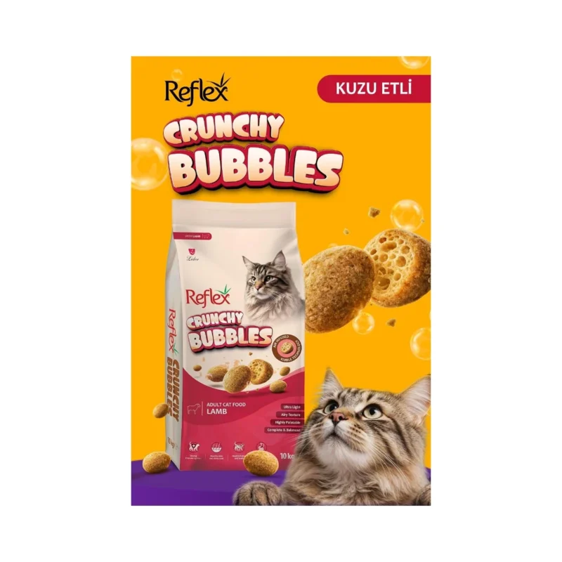 Reflex Crunchy Bubbles kuzu etli yetişkin kedi maması 10 kg ambalaj arka görünümü