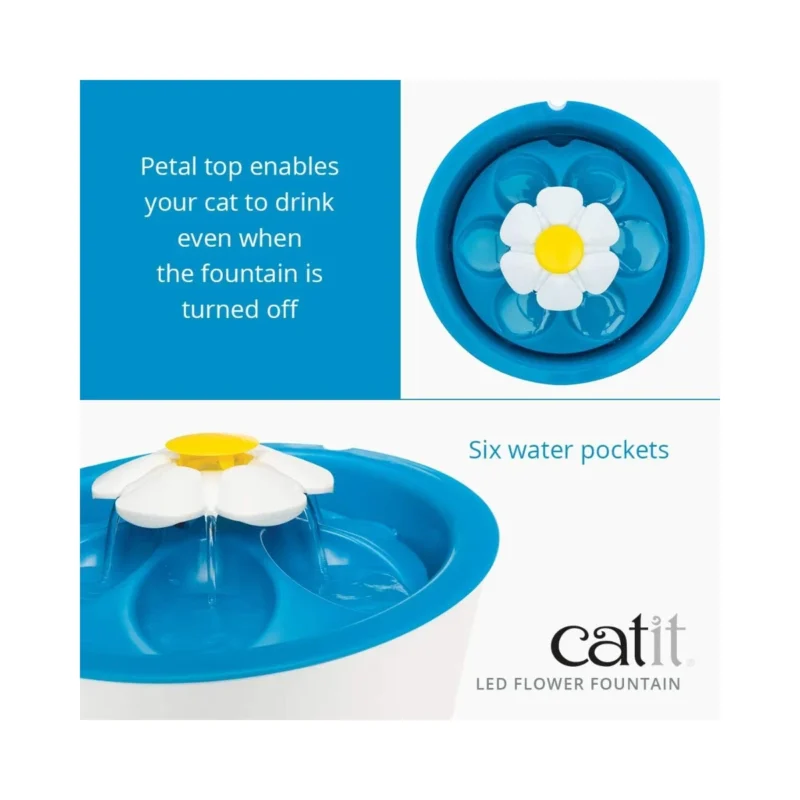 Catit Flower Led Işıklı Kedi Su Pınarı 3L şelale akış modu yakın plan görünümü